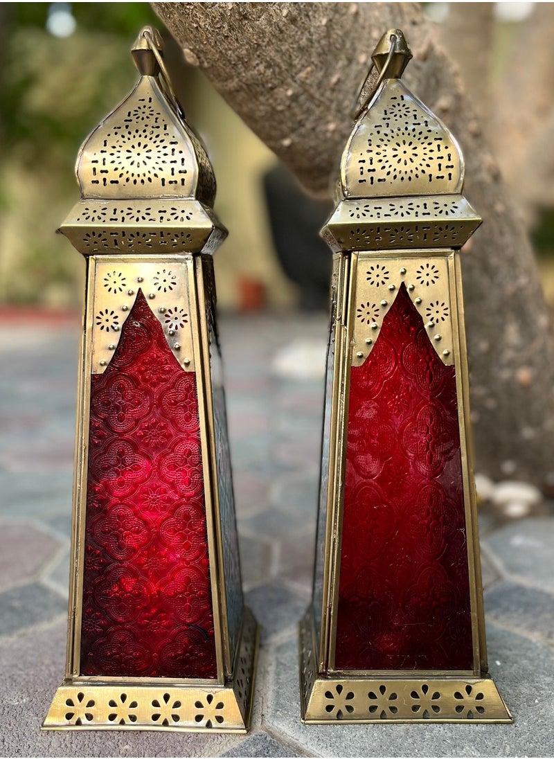 سوق ديزاينز - Ramadan Lantern - Large fanoos Arabic Moroccan Lanterns for Indoor & Outdoor Hanging Gold Tealight Candle Holder Home Décor Metal Lanterns for Garden, Floor,Glass lanterns gift Red Blue - Image 1
