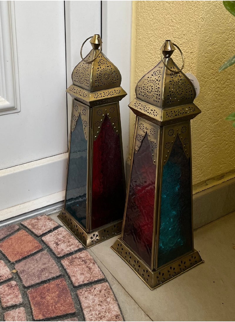 سوق ديزاينز - Ramadan Lantern - Large fanoos Arabic Moroccan Lanterns for Indoor & Outdoor Hanging Gold Tealight Candle Holder Home Décor Metal Lanterns for Garden, Floor,Glass lanterns gift Red Blue - Image 1