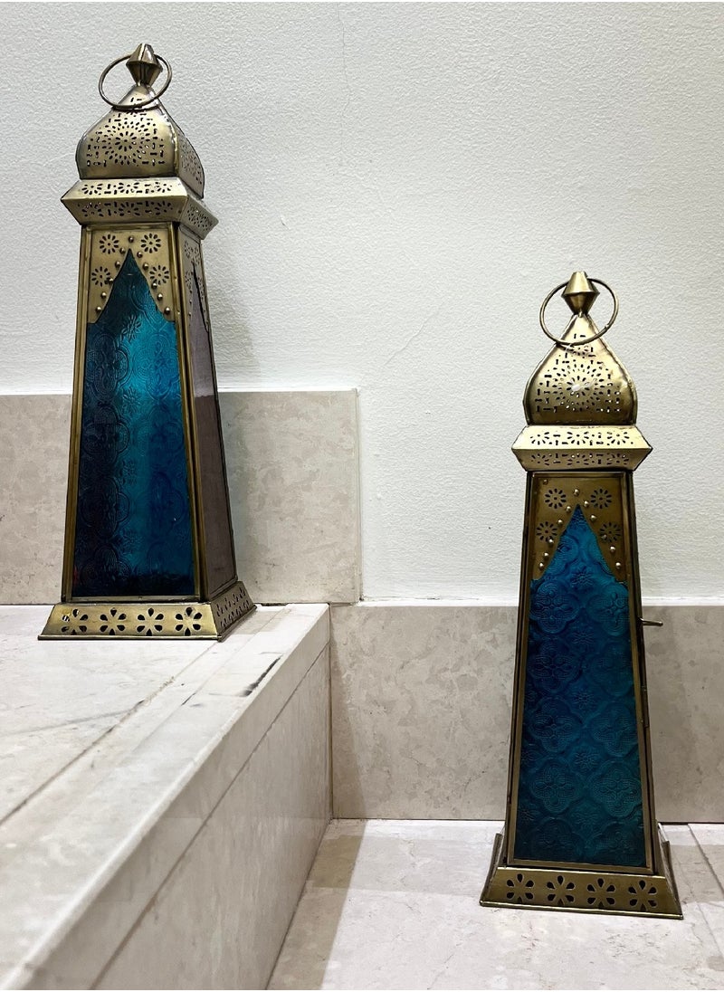 سوق ديزاينز - Ramadan Lantern - Large fanoos Arabic Moroccan Lanterns for Indoor & Outdoor Hanging Gold Tealight Candle Holder Home Décor Metal Lanterns for Garden, Floor,Glass lanterns gift Red Blue - Image 1