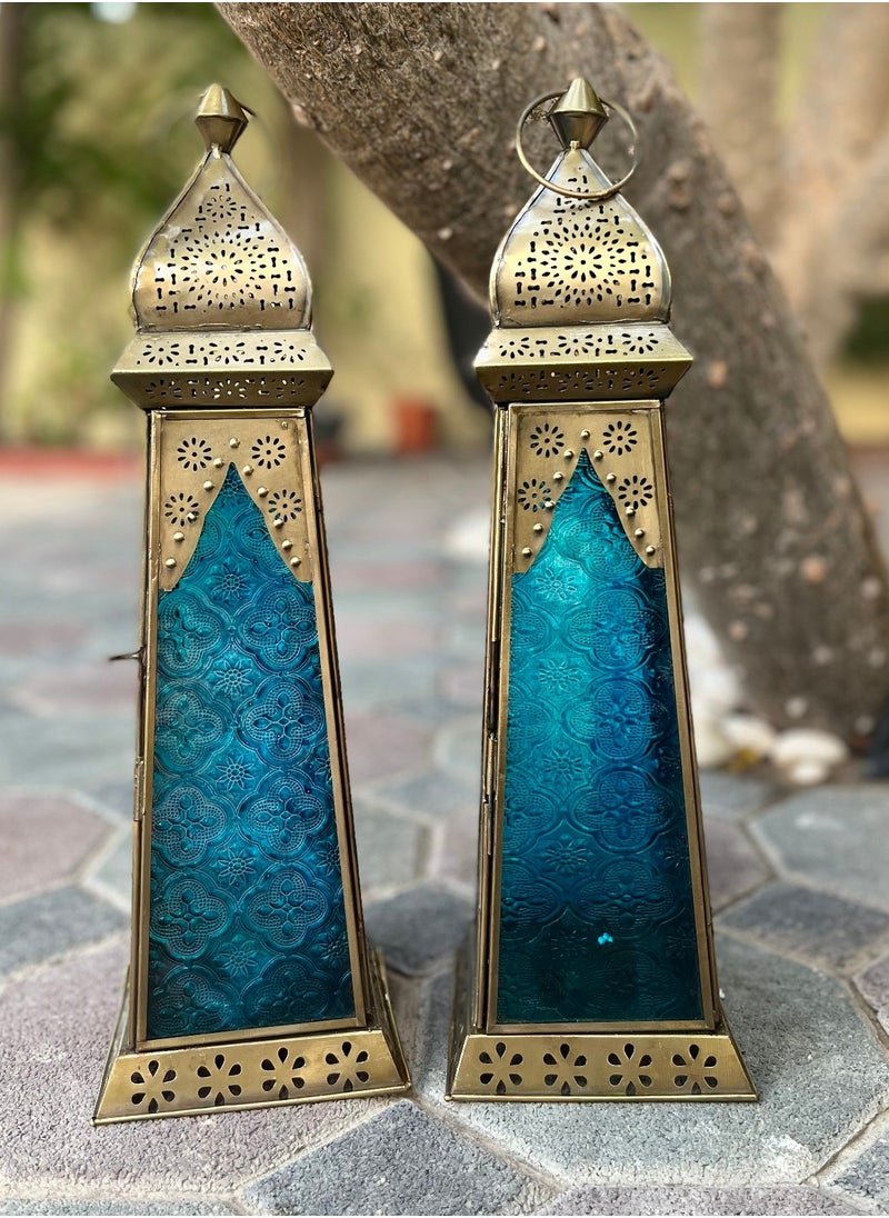 سوق ديزاينز - Ramadan Lantern - Large fanoos Arabic Moroccan Lanterns for Indoor & Outdoor Hanging Gold Tealight Candle Holder Home Décor Metal Lanterns for Garden, Floor,Glass lanterns gift Red Blue - Image 1