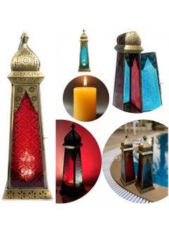 Ramadan Lantern - Large fanoos Arabic Moroccan Lanterns for Indoor & Outdoor Hanging Gold Tealight Candle Holder Home Décor Metal Lanterns for Garden, Floor,Glass lanterns gift Red Blue
