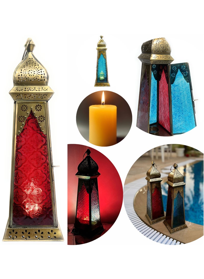 سوق ديزاينز - Ramadan Lantern - Large fanoos Arabic Moroccan Lanterns for Indoor & Outdoor Hanging Gold Tealight Candle Holder Home Décor Metal Lanterns for Garden, Floor,Glass lanterns gift Red Blue - Image 1