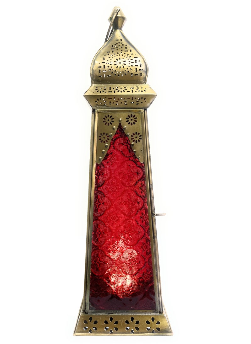 سوق ديزاينز - Ramadan Lantern - Large fanoos Arabic Moroccan Lanterns for Indoor & Outdoor Hanging Gold Tealight Candle Holder Home Décor Metal Lanterns for Garden, Floor,Glass lanterns gift Red Blue - Image 1