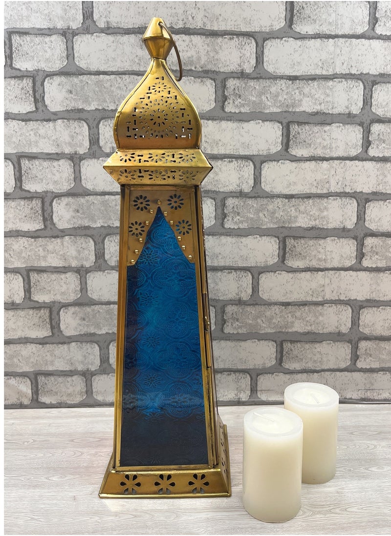 سوق ديزاينز - Ramadan Lantern - Large fanoos Arabic Moroccan Lanterns for Indoor & Outdoor Hanging Gold Tealight Candle Holder Home Décor Metal Lanterns for Garden, Floor,Glass lanterns gift Red Blue - Image 1