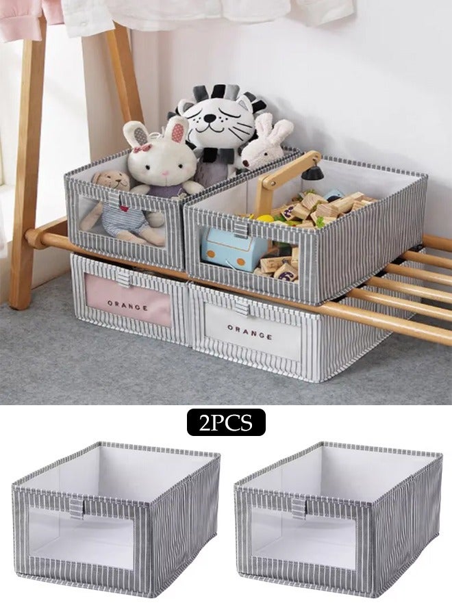 DUNISO 2 Pcs Non Woven Fabric Storage Box, Fabric Cotton And Linen Drawer Style Foldable Wardrobe Clothes Storage Box, Suitable For Home Drawers And Bedroom Organization (Deep Grey Vertical Stripes) - Image 1