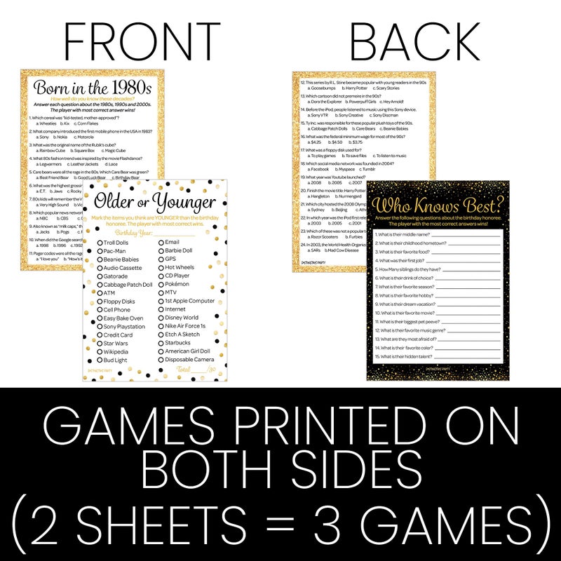 DISTINCTIVS Black and Gold 40th Birthday Game Bundle - Set of 3 Birthday Party Games for 20 Guests, Born in The 1980s Theme - Image 3