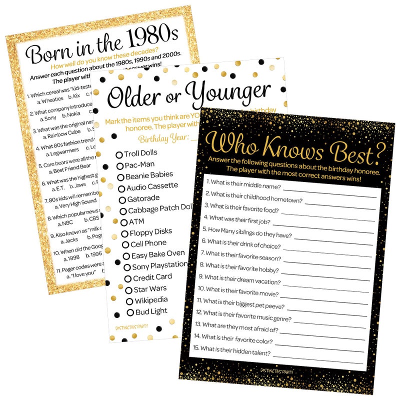 DISTINCTIVS Black and Gold 40th Birthday Game Bundle - Set of 3 Birthday Party Games for 20 Guests, Born in The 1980s Theme - Image 1
