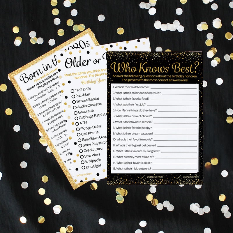 DISTINCTIVS Black and Gold 40th Birthday Game Bundle - Set of 3 Birthday Party Games for 20 Guests, Born in The 1980s Theme - Image 2