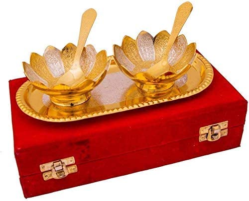 RKONECT RKONECTSilverGold Lotus Bowl Set with Royal Velvet Box Capsul 5 PCS Set L x W x H 11215 Centmeters  - Image 2