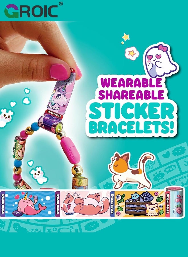 GROIC Wearable & Shareable Sticker Bracelet, Includes 120 Mini Stickers, 4 Mystery Reveal Sticki Rolls, 8 Stickers Roll, 1 Bracelet Cord with Clasps and 1 Sticki Book, Friendship Bracelet Toys for kids - Image 2