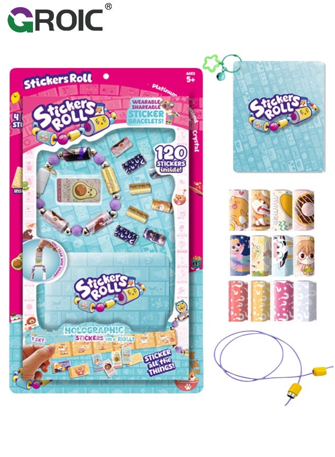 GROIC Wearable & Shareable Sticker Bracelet, Includes 120 Mini Stickers, 4 Mystery Reveal Sticki Rolls, 8 Stickers Roll, 1 Bracelet Cord with Clasps and 1 Sticki Book, Friendship Bracelet Toys for kids - Image 1