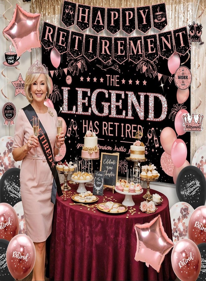 Roetyce Retirement Party Decorations Women, Black and Pink Happy Retirement Banner Backdrop Balloon Hanging Swirls for Coworker, Rose Gold Lengend Has Retired Sash & Crown, Office Retired Background - Image 5