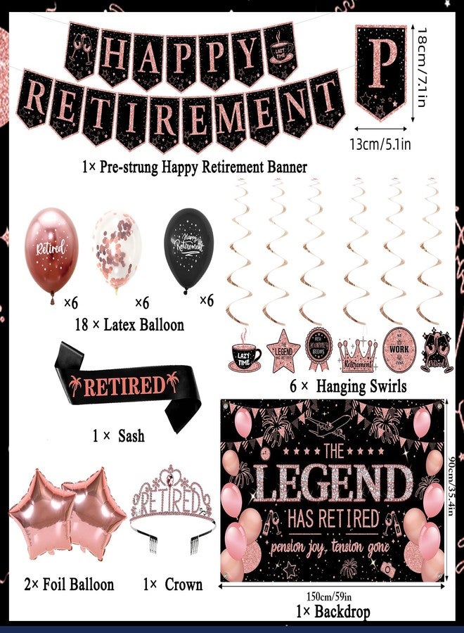 Roetyce Retirement Party Decorations Women, Black and Pink Happy Retirement Banner Backdrop Balloon Hanging Swirls for Coworker, Rose Gold Lengend Has Retired Sash & Crown, Office Retired Background - Image 2