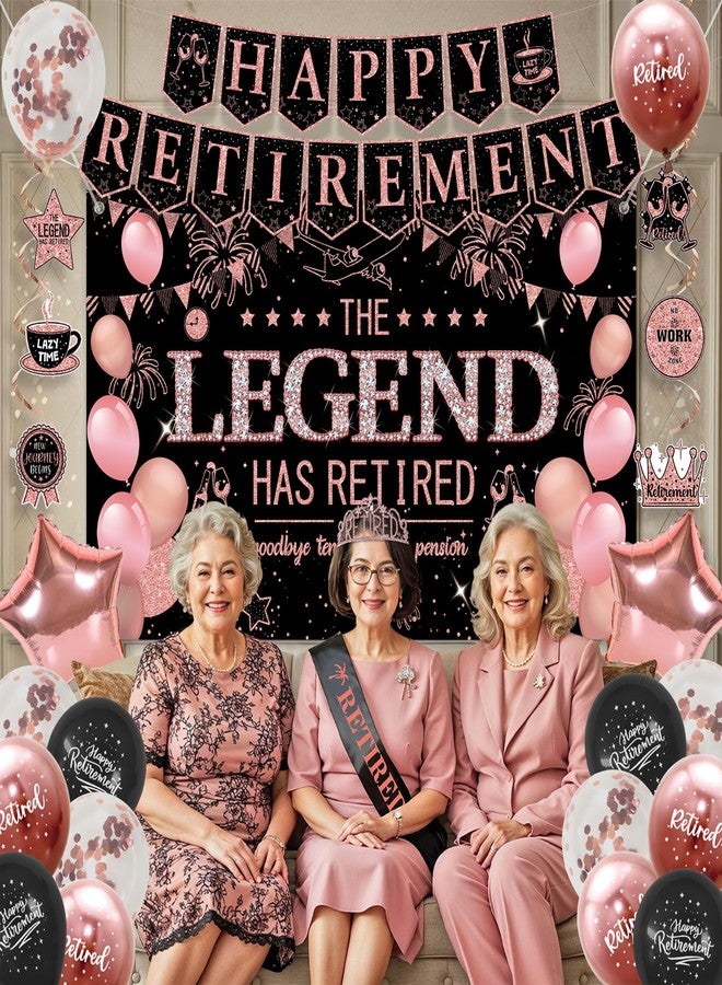 Roetyce Retirement Party Decorations Women, Black and Pink Happy Retirement Banner Backdrop Balloon Hanging Swirls for Coworker, Rose Gold Lengend Has Retired Sash & Crown, Office Retired Background - Image 4