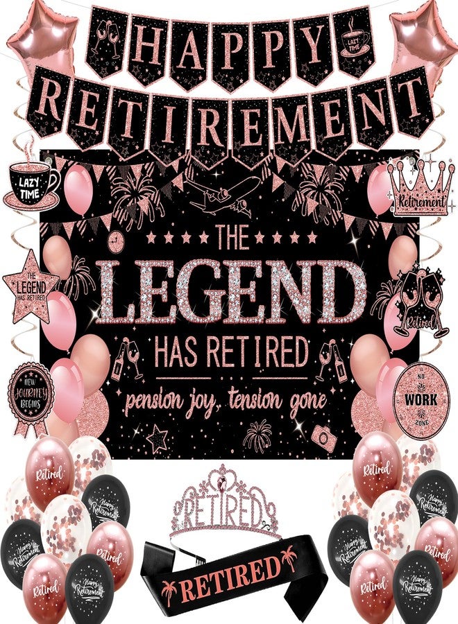 Roetyce Retirement Party Decorations Women, Black and Pink Happy Retirement Banner Backdrop Balloon Hanging Swirls for Coworker, Rose Gold Lengend Has Retired Sash & Crown, Office Retired Background - Image 1