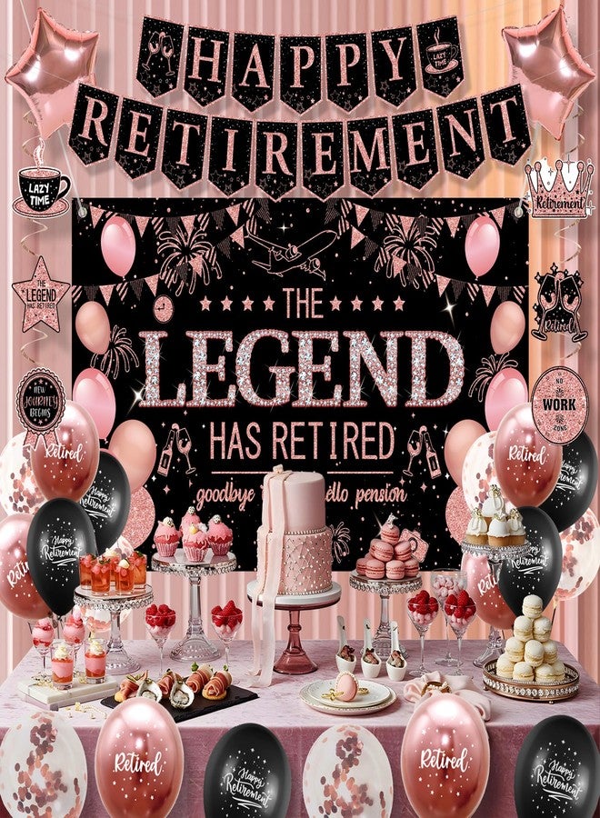 Roetyce Retirement Party Decorations Women, Black and Pink Happy Retirement Banner Backdrop Balloon Hanging Swirls for Coworker, Rose Gold Lengend Has Retired Sash & Crown, Office Retired Background - Image 3
