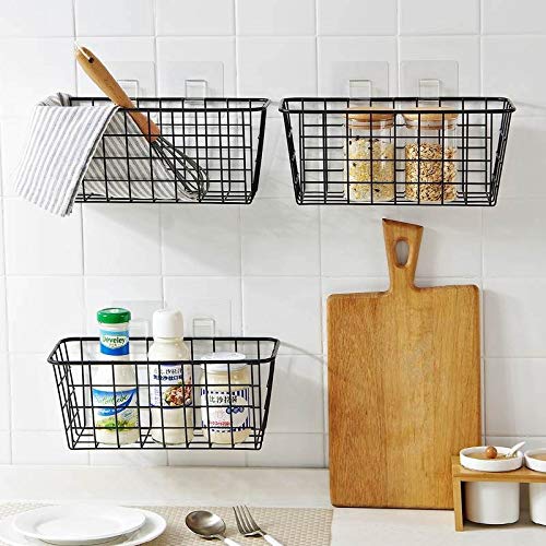 Lele No Drilling Wall Hanging Mounted Metal Wire Baskets with Free Wall Hooks  Kitchen Organization and Storage  Hanging Fruit  Set of 2 Black - Image 2