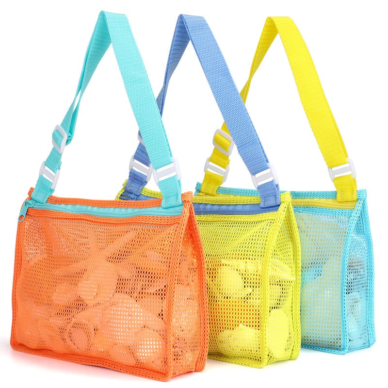 Tagitary Beach Toy Mesh Beach Bag Kids Shell Collecting Bag Beach Sand Toy Totes for Holding Shells Beach Toys Sand Toys Swimming Accessories for Boys and GirlsOnly BagsA Set of 3