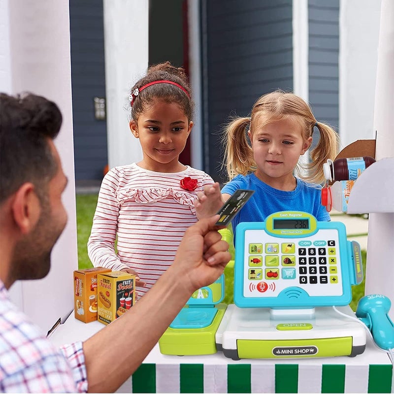  FS Pretend Play Calculator Cash Register Toy as Preschool Gift for Kids, Classic Count Toy with Sound, Microphone, Scanner, Pretend Credit Card, Play Food for Boys & Girls,45 Pieces, Ages 3 4 5 6 7 - Image 4
