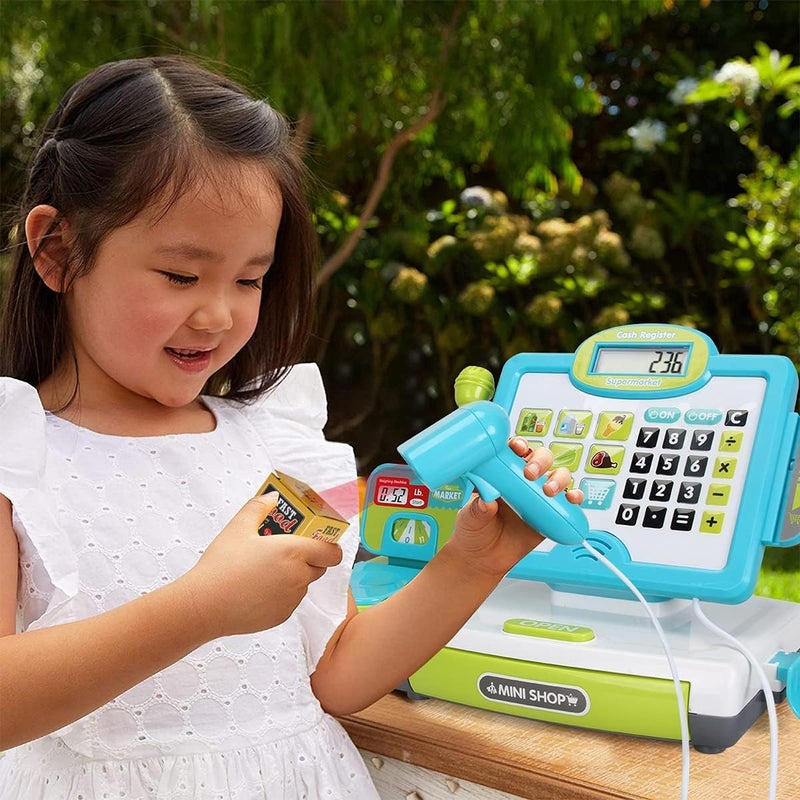  FS Pretend Play Calculator Cash Register Toy as Preschool Gift for Kids, Classic Count Toy with Sound, Microphone, Scanner, Pretend Credit Card, Play Food for Boys & Girls,45 Pieces, Ages 3 4 5 6 7 - Image 2