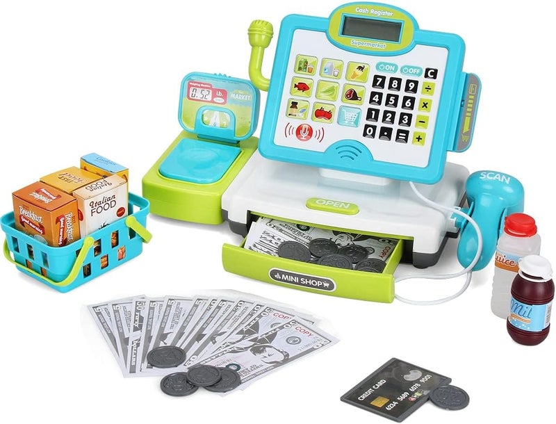  FS Pretend Play Calculator Cash Register Toy as Preschool Gift for Kids, Classic Count Toy with Sound, Microphone, Scanner, Pretend Credit Card, Play Food for Boys & Girls,45 Pieces, Ages 3 4 5 6 7 - Image 1