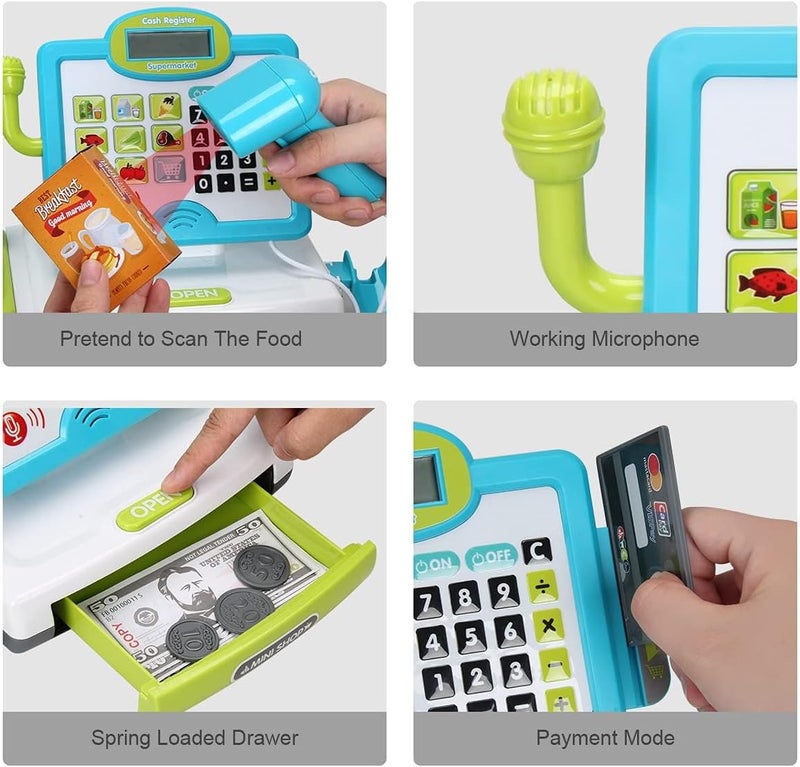  FS Pretend Play Calculator Cash Register Toy as Preschool Gift for Kids, Classic Count Toy with Sound, Microphone, Scanner, Pretend Credit Card, Play Food for Boys & Girls,45 Pieces, Ages 3 4 5 6 7 - Image 3