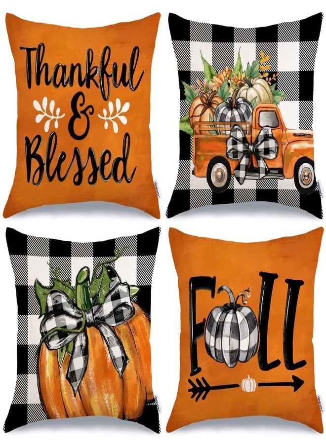 GEEORY Fall Decorative Throw Pillow Covers 18 x 18 Inch Set of 4, Pumpkins Thankful Blessed Buffalo Plaid Fall Decor Outdoor Farmhouse Pillow Cases for Home Couch (Orange Color) G337-18 - Image 1