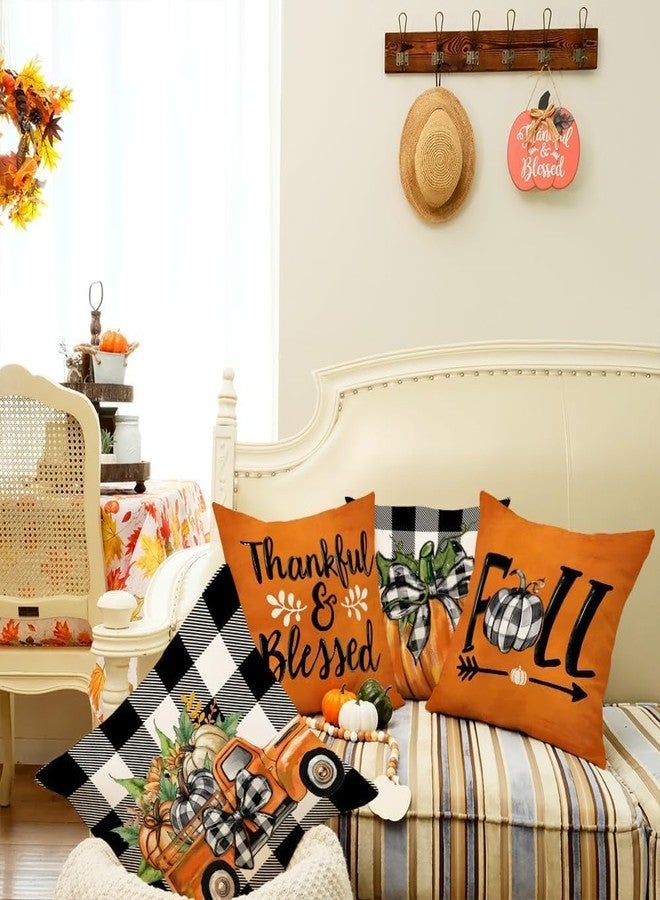 GEEORY Fall Decorative Throw Pillow Covers 18 x 18 Inch Set of 4, Pumpkins Thankful Blessed Buffalo Plaid Fall Decor Outdoor Farmhouse Pillow Cases for Home Couch (Orange Color) G337-18 - Image 4