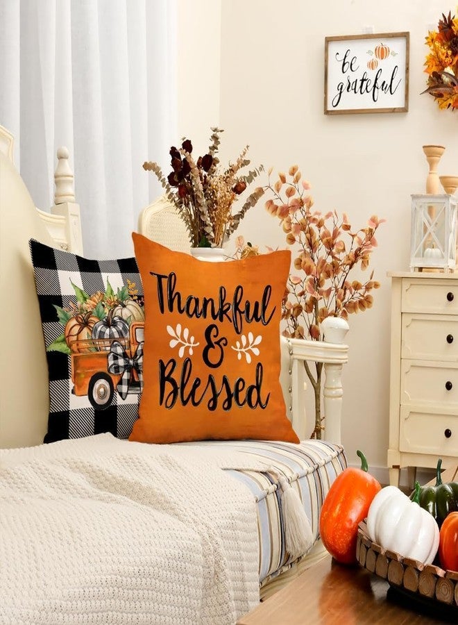 GEEORY Fall Decorative Throw Pillow Covers 18 x 18 Inch Set of 4, Pumpkins Thankful Blessed Buffalo Plaid Fall Decor Outdoor Farmhouse Pillow Cases for Home Couch (Orange Color) G337-18 - Image 2
