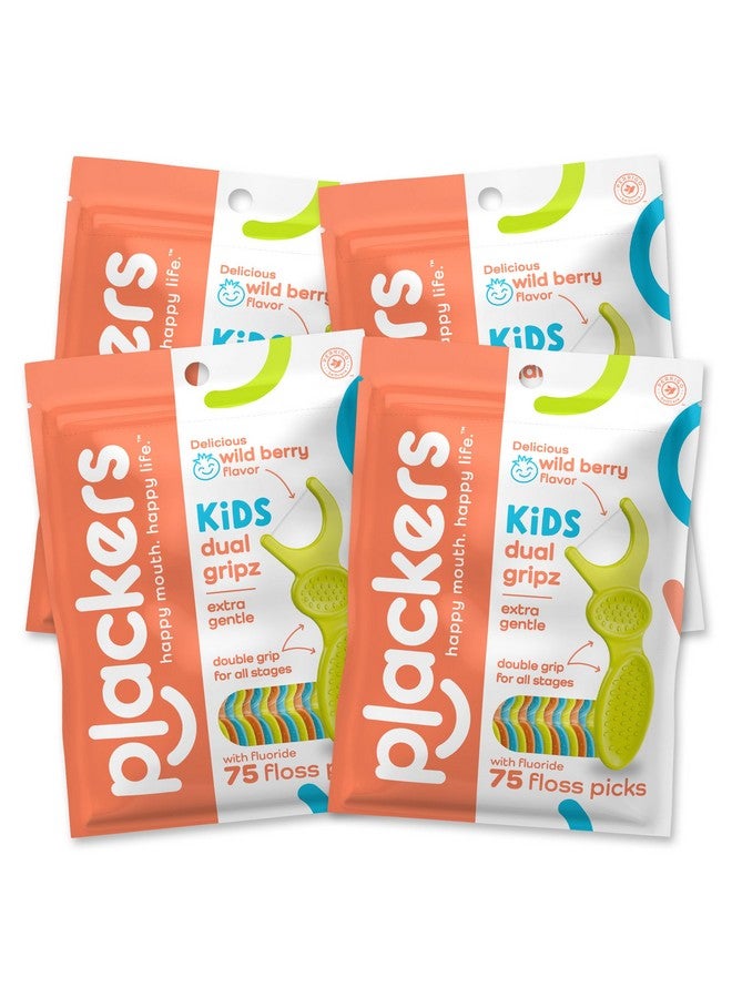 بلاكرز أعواد تنظيف الأسنان بلاكرز كيدز دوال جريبز بمقبض مزدوج، بنكهة التوت البري، أعواد تنظيف أسنان ملونة للأطفال من جميع الأعمار، 75 قطعة (عبوة من 4 قطع) - Image 1