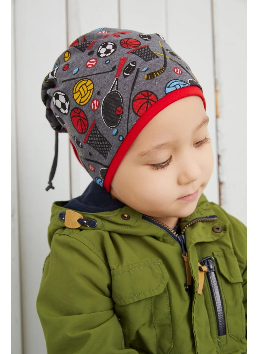 Babygiz Boy's Smoked Sports Patterned Hat Beanie Soft Double Layer Cotton Combed Cotton