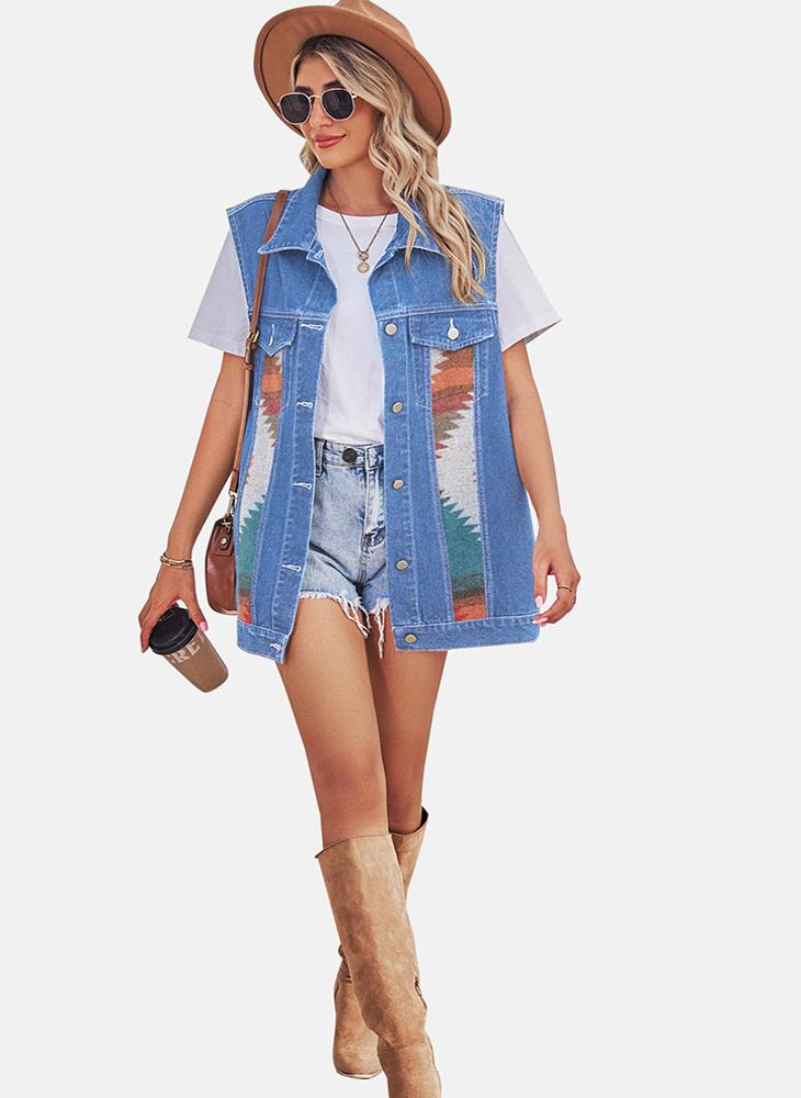 YUNIQEE Blue Printed Regular Fit Sleeveless Denim Jacket - Image 4