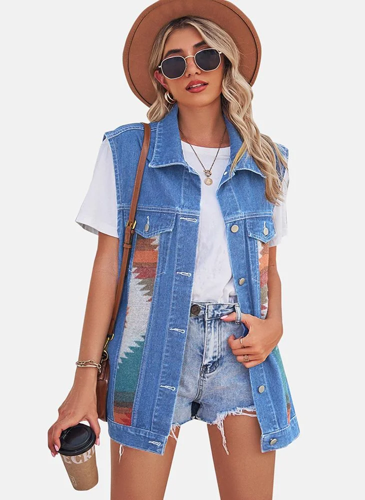 يونيكي Blue Printed Regular Fit Sleeveless Denim Jacket