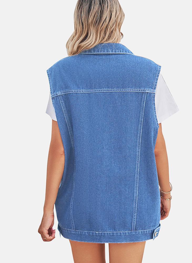 YUNIQEE Blue Printed Regular Fit Sleeveless Denim Jacket - Image 3