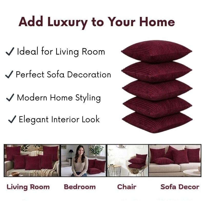 RD TREND® Cushion Cover Set of 5, Decorative Sofa Living Room Home Square Cushion Covers 24 Inch x 24 Inch, Aesthetic Corduroy Striped Double Sided (Marron,Pack of 5) - Image 3