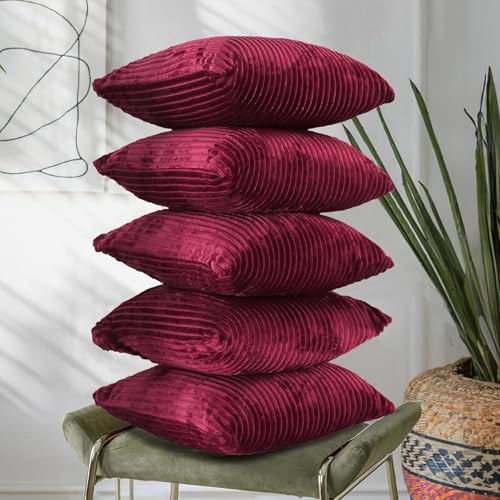 RD TREND® Cushion Cover Set of 5, Decorative Sofa Living Room Home Square Cushion Covers 24 Inch x 24 Inch, Aesthetic Corduroy Striped Double Sided (Marron,Pack of 5) - Image 1