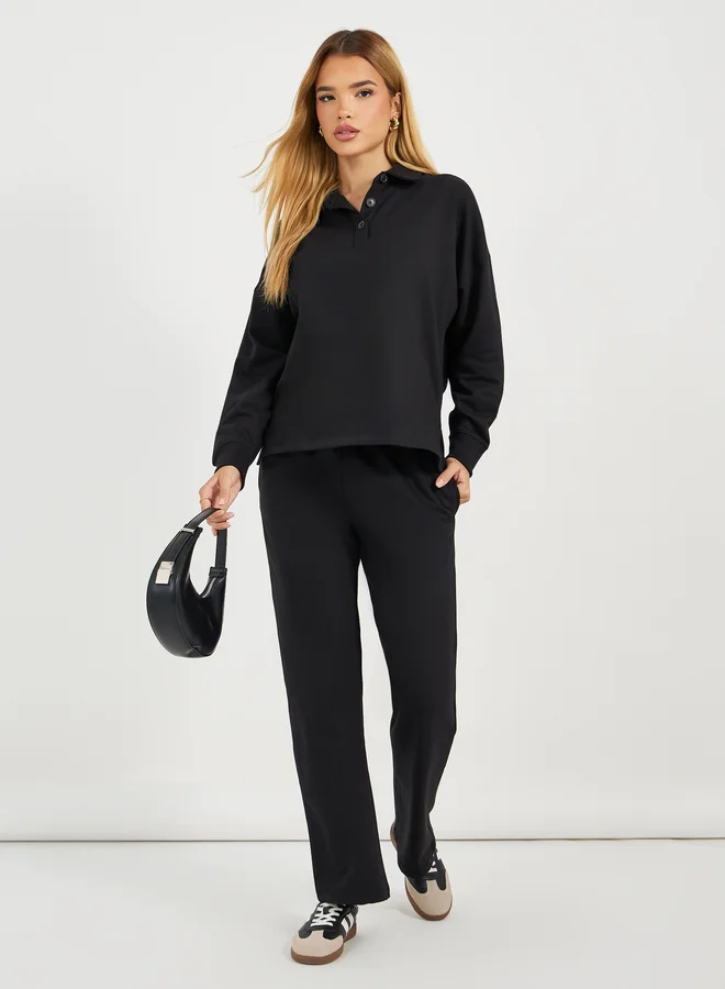 Styli Styli Solid Long Sleeves Polo T-Shirt and Pants Co-Ords Set
