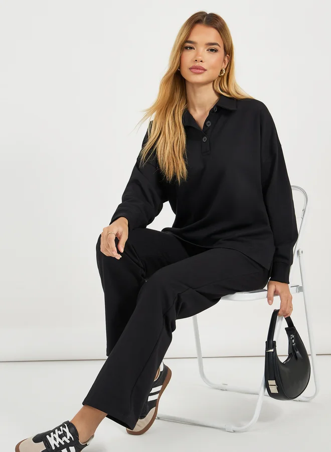 Styli Styli Solid Long Sleeves Polo T-Shirt and Pants Co-Ords Set