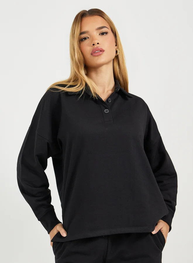 Styli Styli Solid Long Sleeves Polo T-Shirt and Pants Co-Ords Set