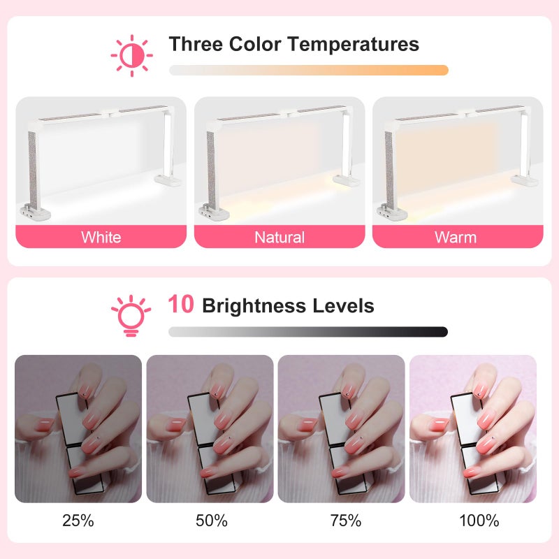 OLenyer 34in Half Moon Light for Nail Desk, Foldable LED Lamp for Nail Art, Tattooing, Craft Making, Stepless Dimming, 3000-6000K Color Temperature Adjustment, 456 Light Beads, White with Diamond - Image 3