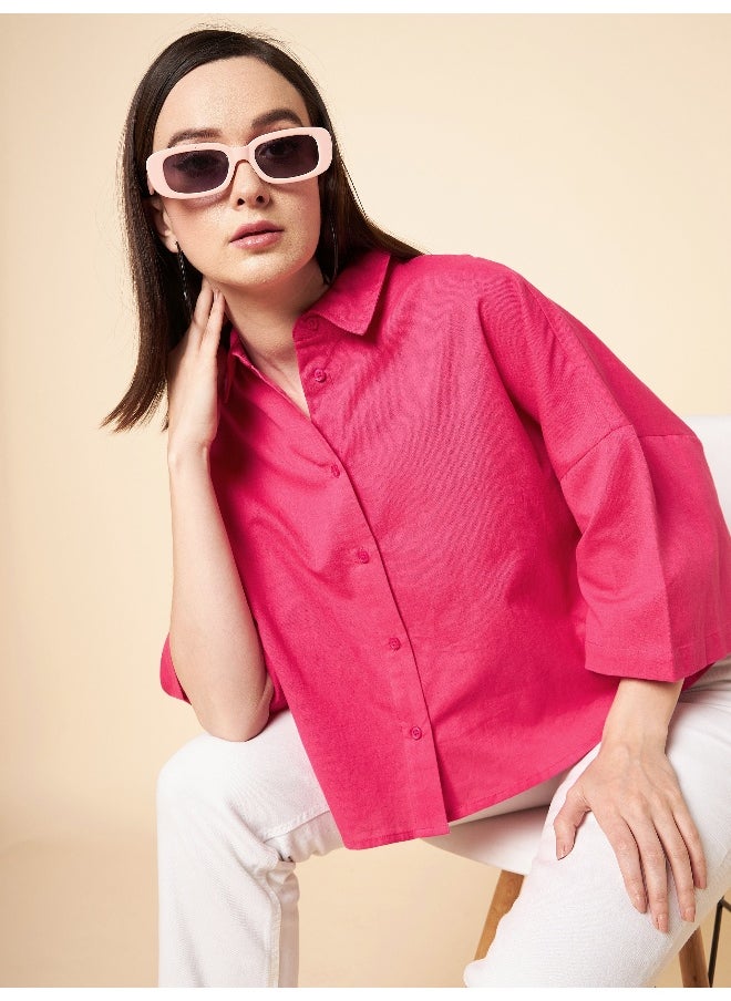 HIGH STAR Oversized Solid Cotton Pink Casual Shirt for Women  - Image 1
