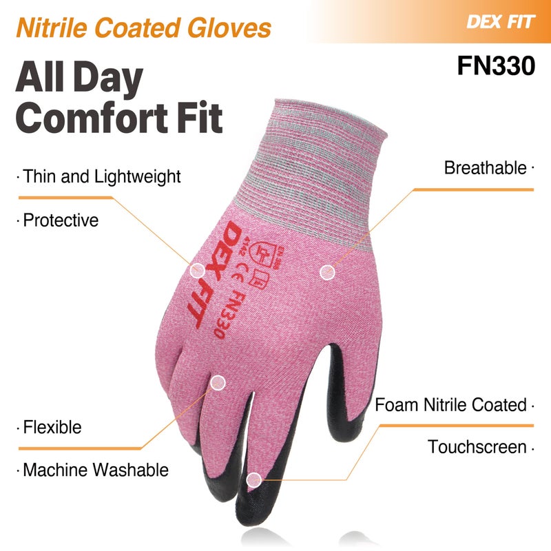 DEX FIT Nitrile Work Gloves FN330, 3 Pairs, 3D-Comfort Stretchy Fit, Firm Grip, Thin & Lightweight, Touch-Screen Compatible, Durable, Breathable & Cool, Machine Washable; Pink S (7) - Image 4