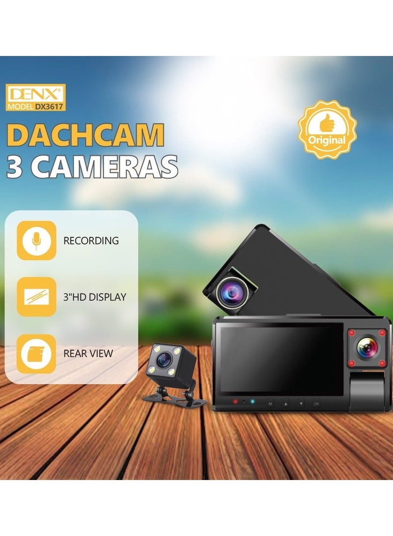 Denx 3-Channel Dash Cam, Front, Rear and Interior, Full Car Dashboard Cameras, WiFi and App Control, Night Vision, Parking Mode, Support 128GB - Image 1