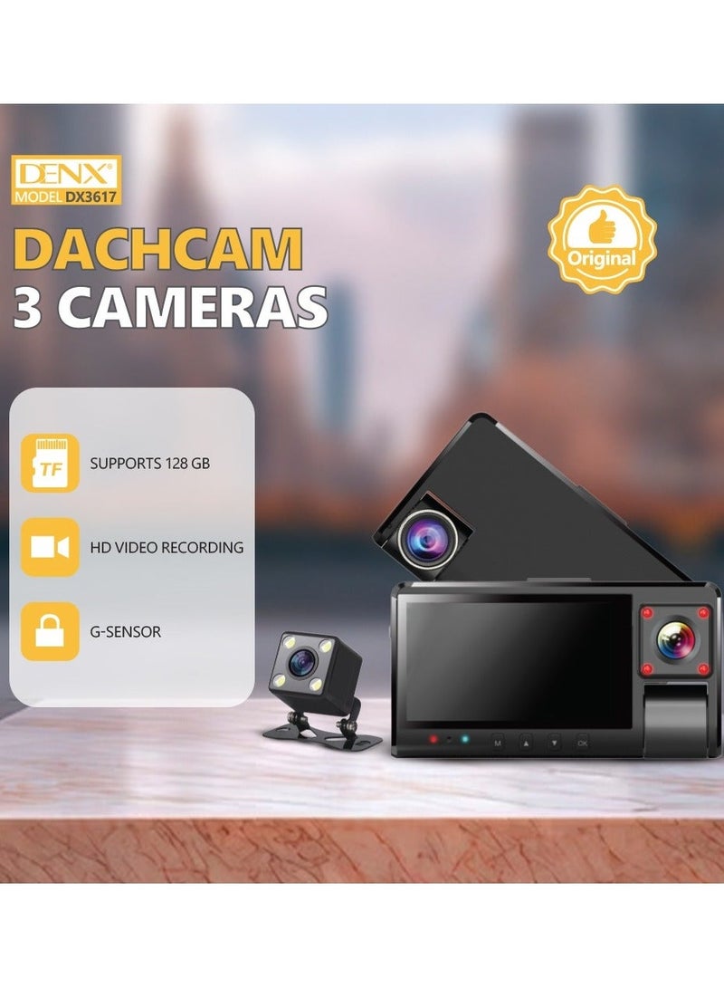 Denx 3-Channel Dash Cam, Front, Rear and Interior, Full Car Dashboard Cameras, WiFi and App Control, Night Vision, Parking Mode, Support 128GB - Image 4