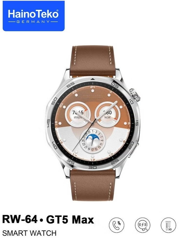 Haino Teko RW-64 GT5 Max Smartwatch – Large Screen AMOLED Display, Voice Assistant, 3 Pair Straps for Men, Premium Design, Silver - Image 3