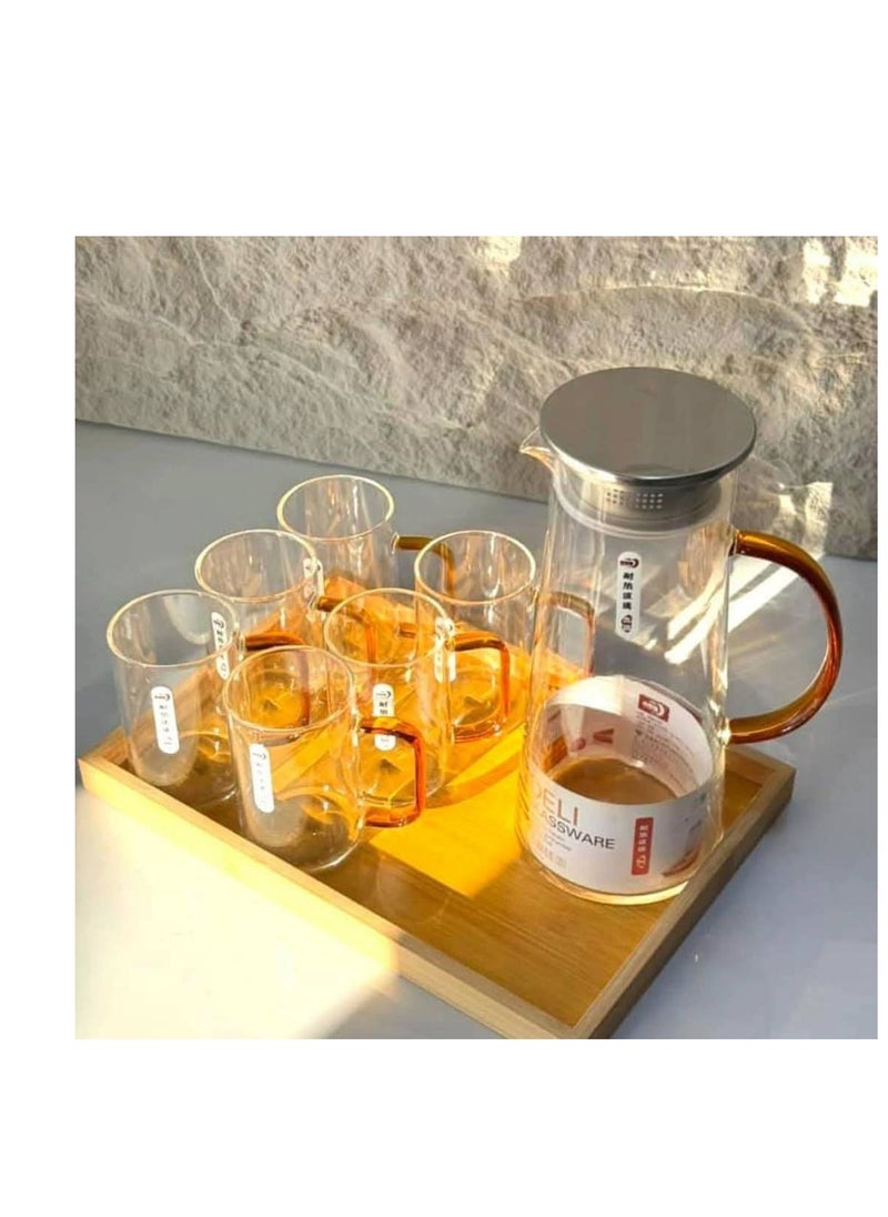 Generic - An 8-piece glass set made of the finest heat- and cold-resistant glass, with a streamlined shape and high quality (6 cups, 270 ml capacity, + 1450 ml glass jug with stainless steel lid, + 1 bamboo serving tray) - Image 1