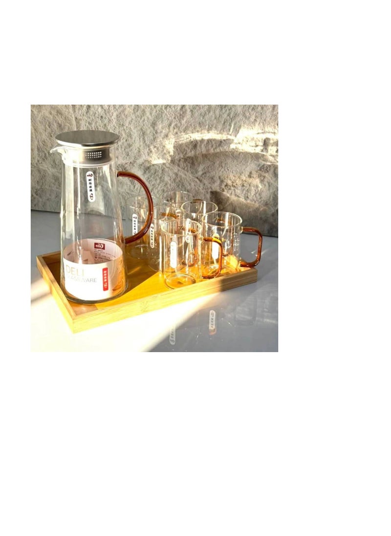 Generic - An 8-piece glass set made of the finest heat- and cold-resistant glass, with a streamlined shape and high quality (6 cups, 270 ml capacity, + 1450 ml glass jug with stainless steel lid, + 1 bamboo serving tray) - Image 1