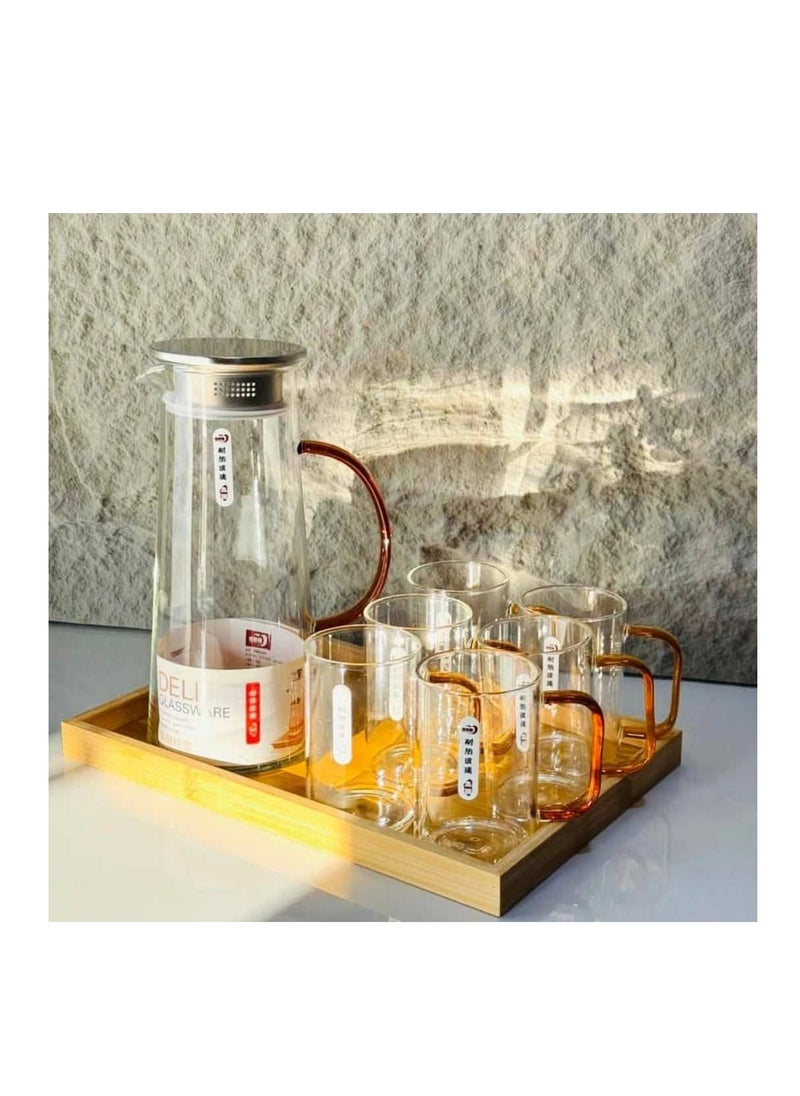 Generic - An 8-piece glass set made of the finest heat- and cold-resistant glass, with a streamlined shape and high quality (6 cups, 270 ml capacity, + 1450 ml glass jug with stainless steel lid, + 1 bamboo serving tray) - Image 1