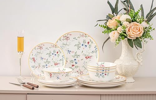 FHGNYSM Bone China Plates and Bowels,12-Pieces Dinnerware Sets, Highly Chip and Crack Resistant, Dishwasher & Microwave Safe Dishes Set, Dense and Translucence - Image 1