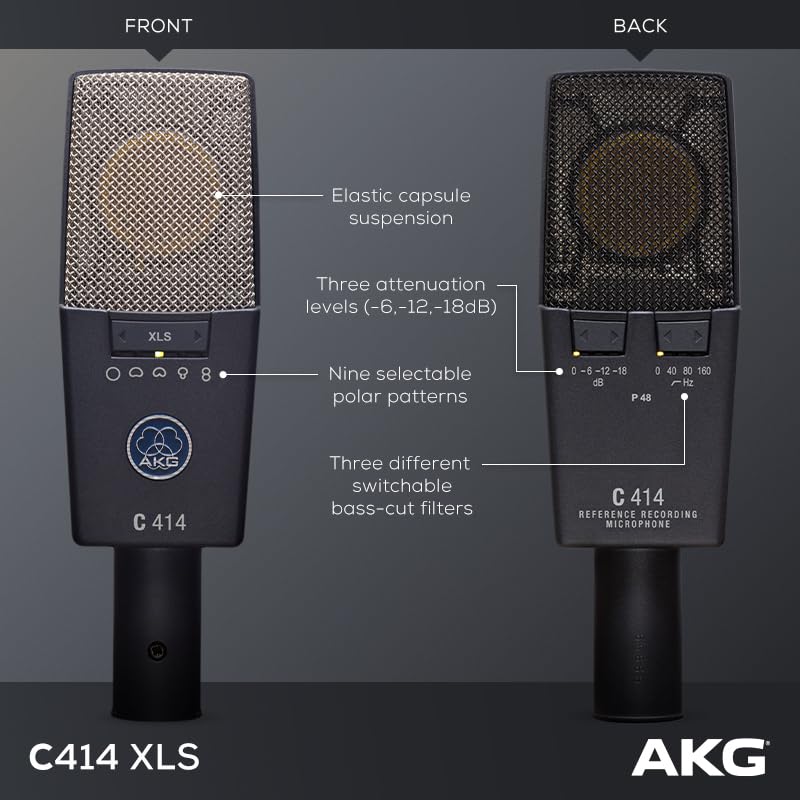 AKG Pro Audio C414 XLS Studio Grade Professional Large Diaphragm Vocal and Instrument Condenser Microphone with Rugged Aluminum Carrying Case. XLR Connector. Gray with Gold - Image 5
